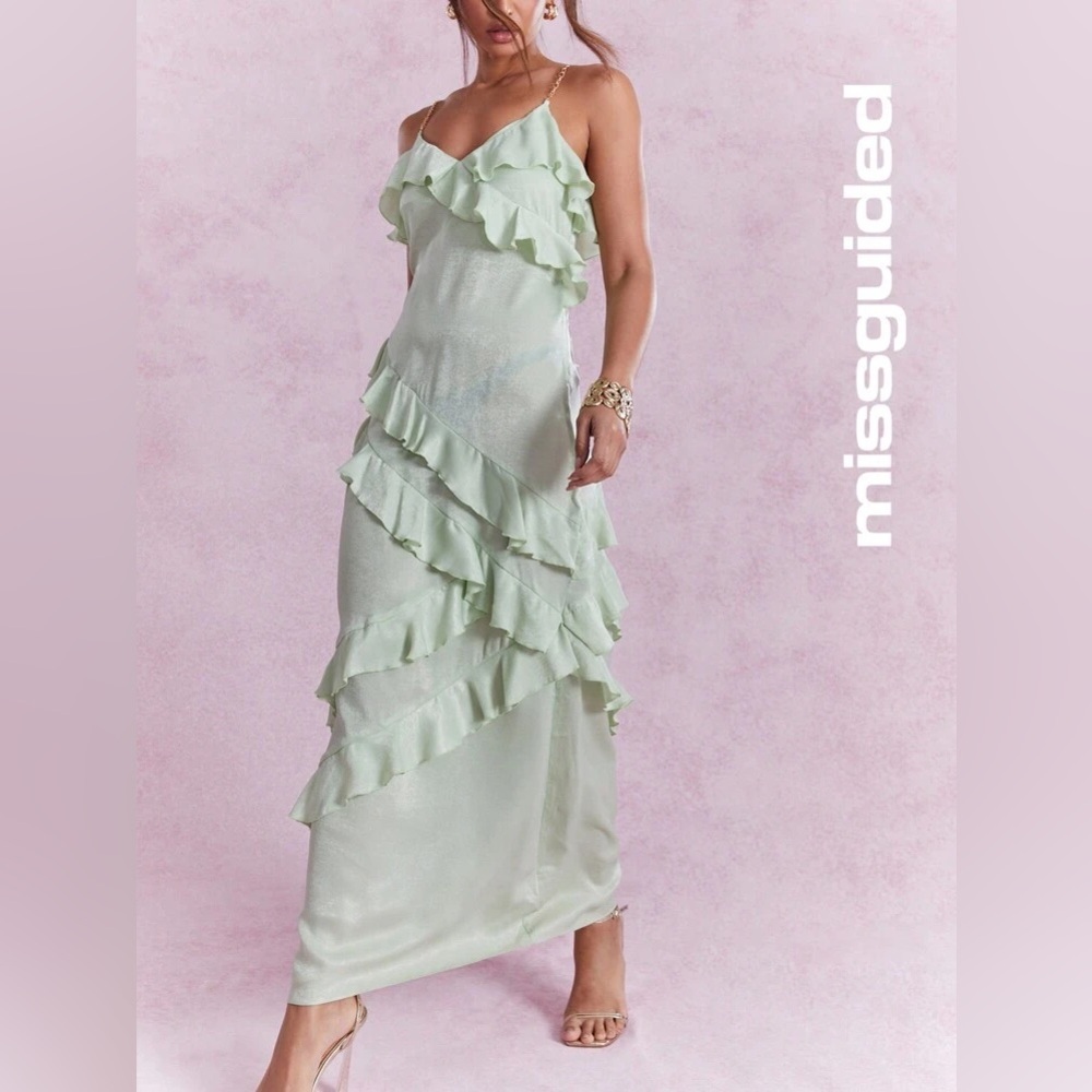 Missguided Mint Green Ruffle Slip Maxi Dress Gold Chain Straps Medium NWT - Picture 5 of 7